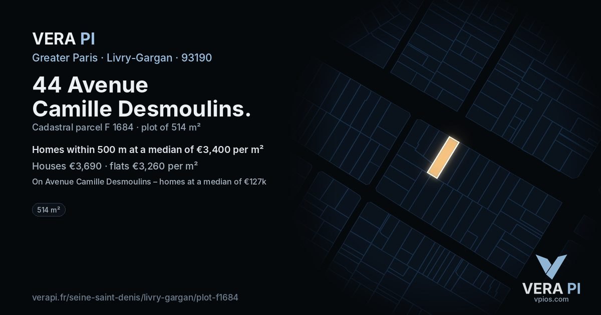 44 Avenue Camille Desmoulins, Livry-Gargan at night – the plot lit, the parcels around coloured by the prices near them