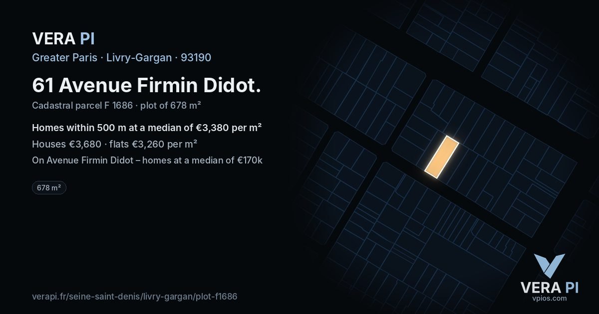 61 Avenue Firmin Didot, Livry-Gargan at night – the plot lit, the parcels around coloured by the prices near them