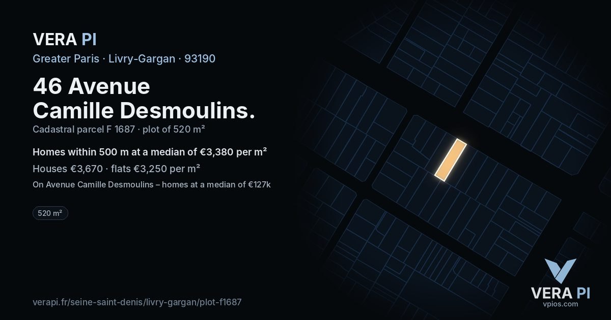 46 Avenue Camille Desmoulins, Livry-Gargan at night – the plot lit, the parcels around coloured by the prices near them