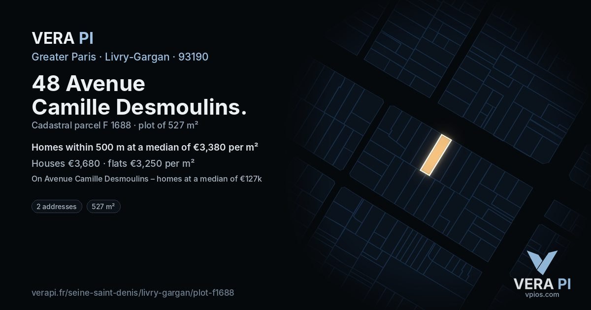 48 Avenue Camille Desmoulins, Livry-Gargan at night – the plot lit, the parcels around coloured by the prices near them