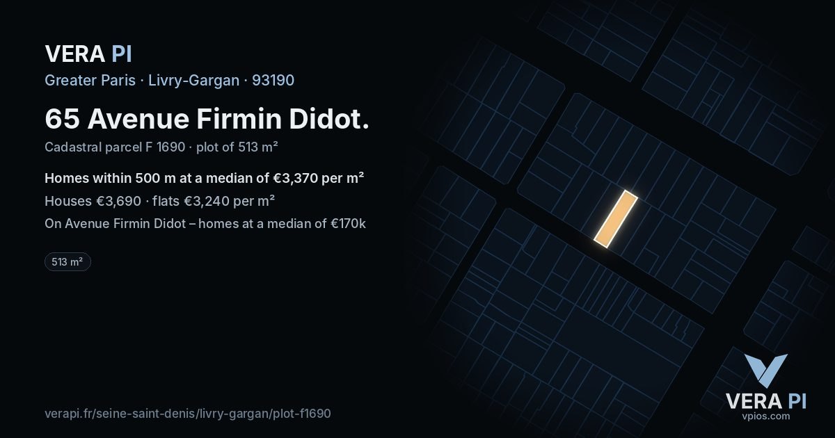65 Avenue Firmin Didot, Livry-Gargan at night – the plot lit, the parcels around coloured by the prices near them