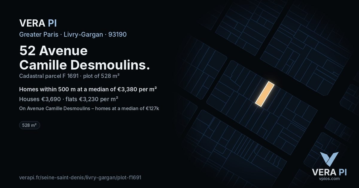 52 Avenue Camille Desmoulins, Livry-Gargan at night – the plot lit, the parcels around coloured by the prices near them