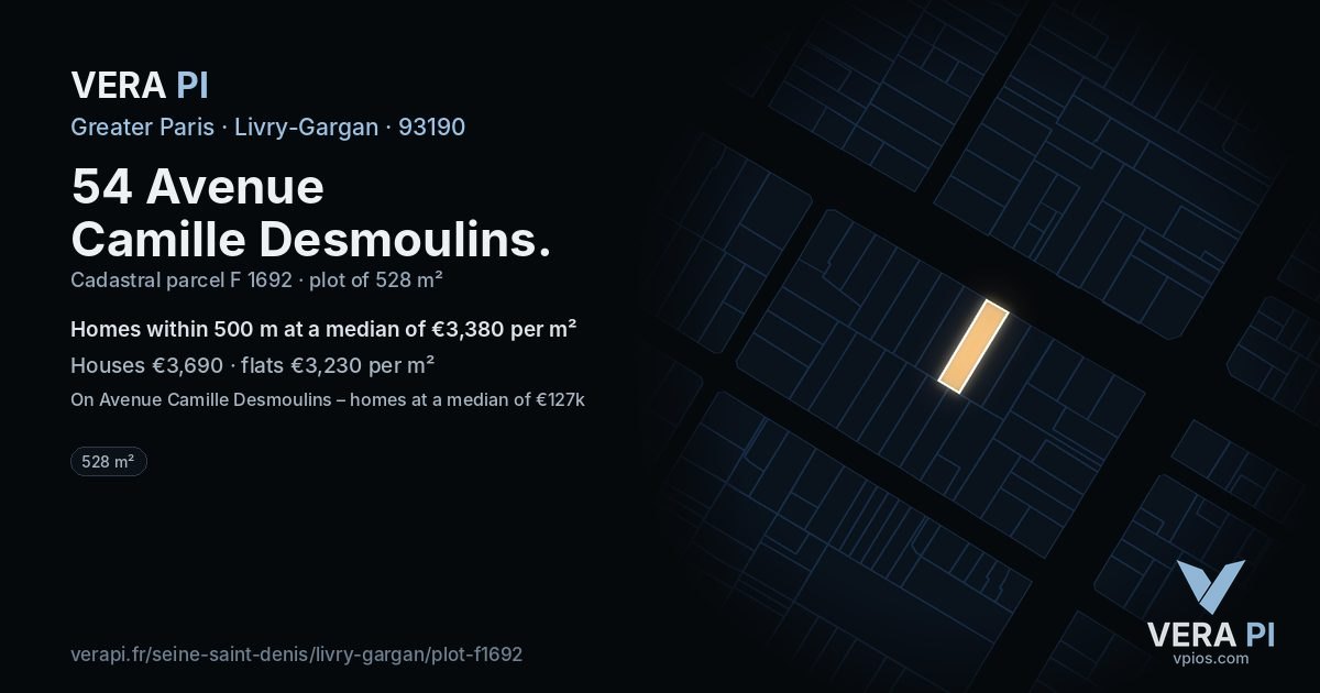 54 Avenue Camille Desmoulins, Livry-Gargan at night – the plot lit, the parcels around coloured by the prices near them