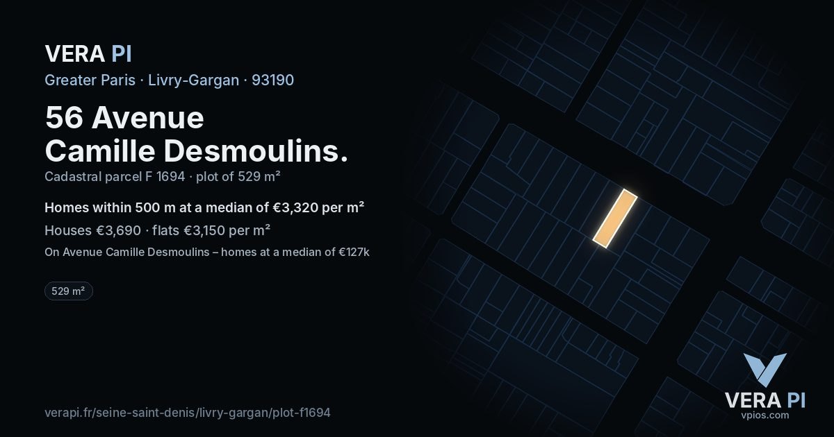 56 Avenue Camille Desmoulins, Livry-Gargan at night – the plot lit, the parcels around coloured by the prices near them
