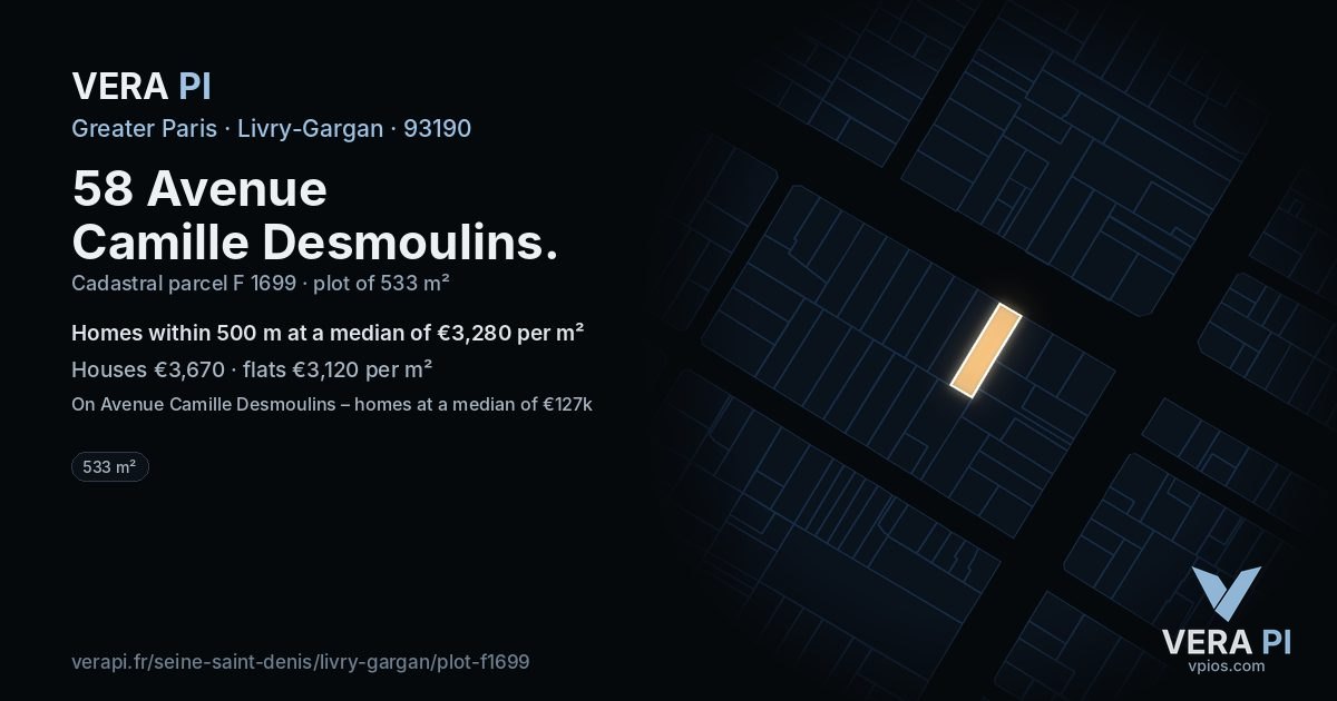 58 Avenue Camille Desmoulins, Livry-Gargan at night – the plot lit, the parcels around coloured by the prices near them