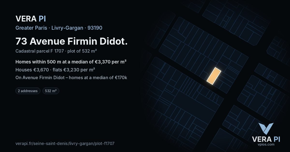 73 Avenue Firmin Didot, Livry-Gargan at night – the plot lit, the parcels around coloured by the prices near them