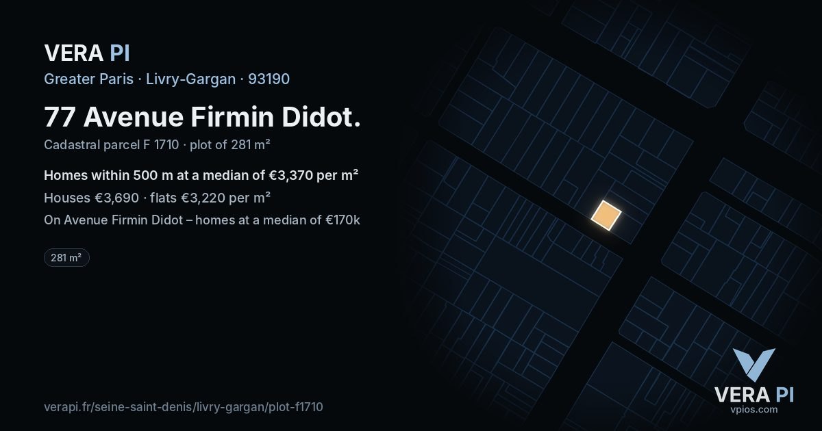 77 Avenue Firmin Didot, Livry-Gargan at night – the plot lit, the parcels around coloured by the prices near them