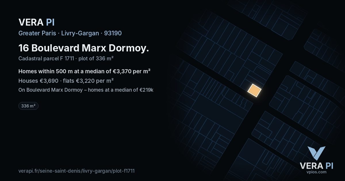 16 Boulevard Marx Dormoy, Livry-Gargan at night – the plot lit, the parcels around coloured by the prices near them