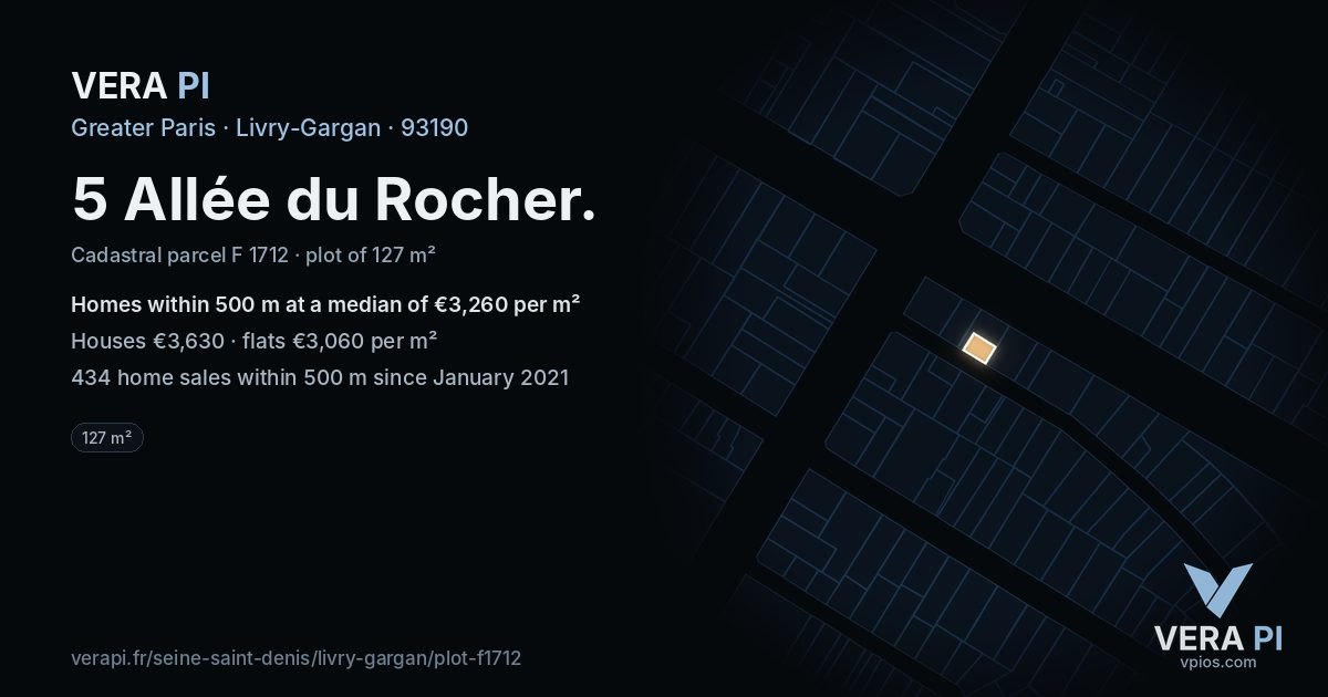 5 Allée du Rocher, Livry-Gargan at night – the plot lit, the parcels around coloured by the prices near them