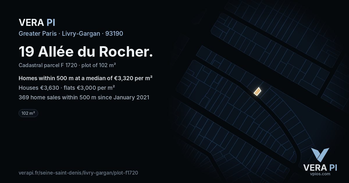 19 Allée du Rocher, Livry-Gargan at night – the plot lit, the parcels around coloured by the prices near them