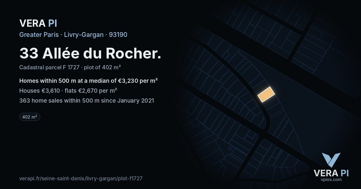 33 Allée du Rocher, Livry-Gargan at night – the plot lit, the parcels around coloured by the prices near them