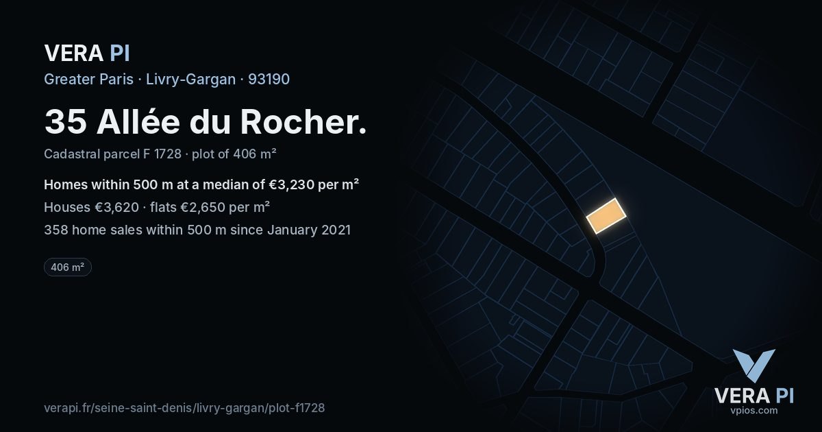 35 Allée du Rocher, Livry-Gargan at night – the plot lit, the parcels around coloured by the prices near them
