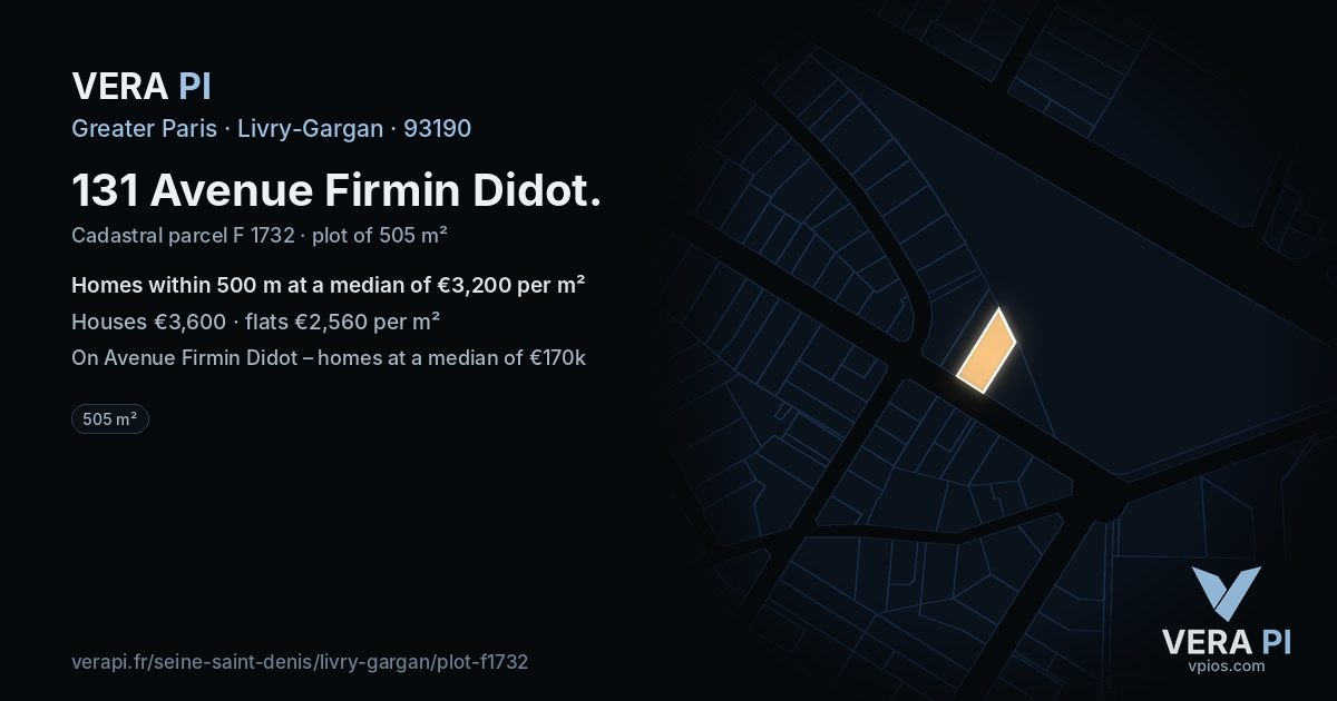 131 Avenue Firmin Didot, Livry-Gargan at night – the plot lit, the parcels around coloured by the prices near them