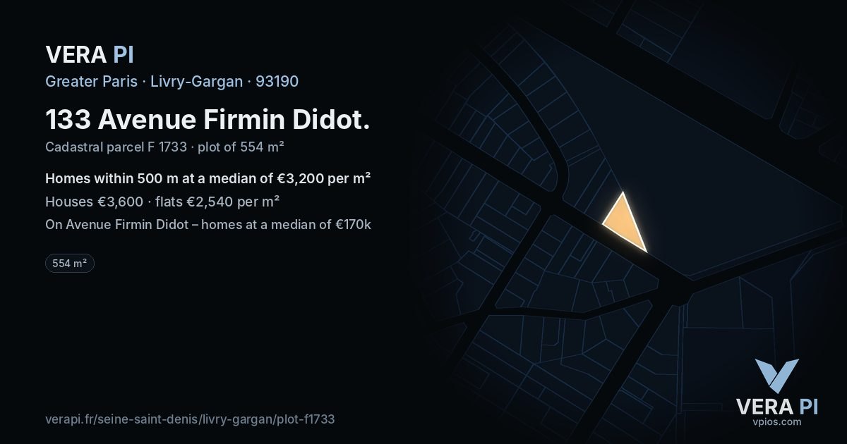 133 Avenue Firmin Didot, Livry-Gargan at night – the plot lit, the parcels around coloured by the prices near them