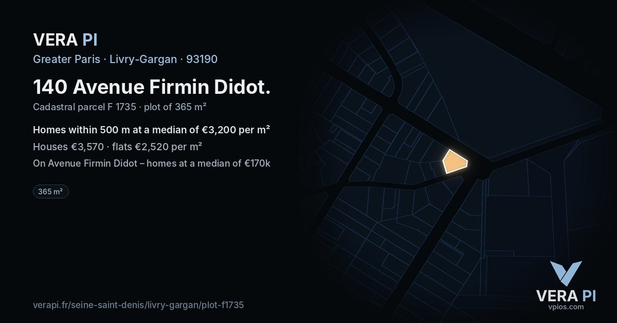140 Avenue Firmin Didot, Livry-Gargan at night – the plot lit, the parcels around coloured by the prices near them