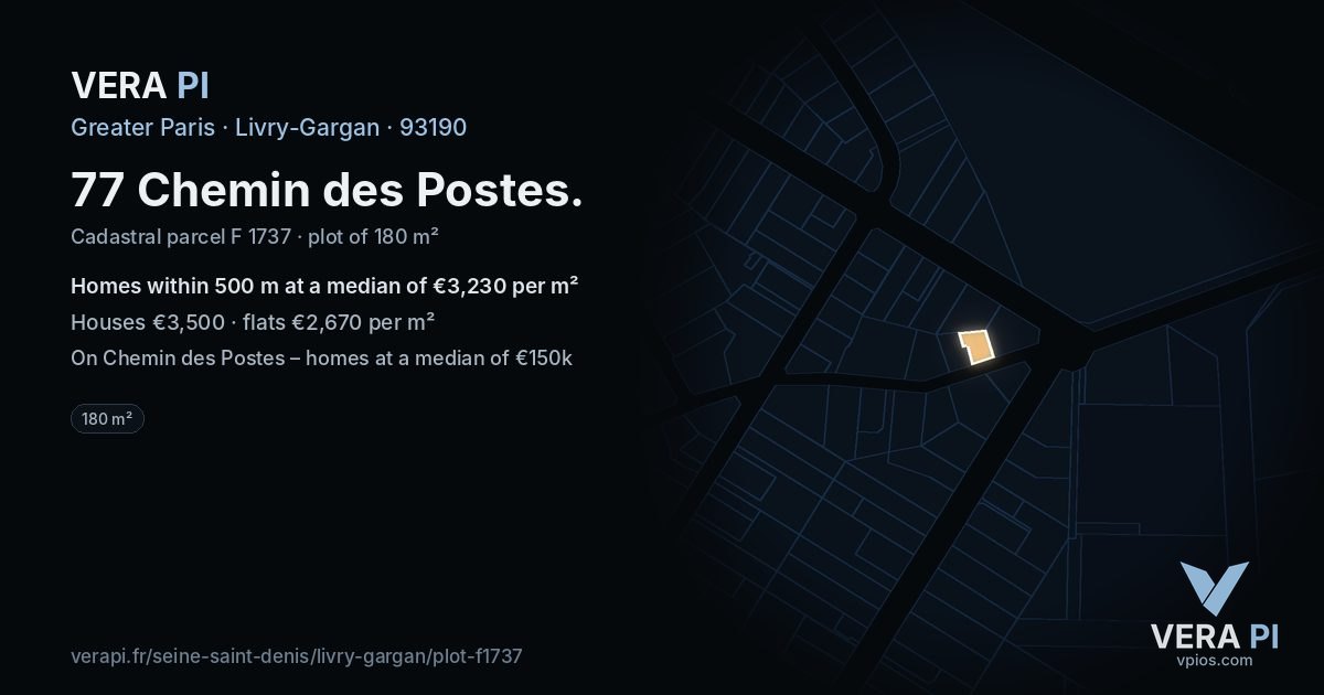 77 Chemin des Postes, Livry-Gargan at night – the plot lit, the parcels around coloured by the prices near them