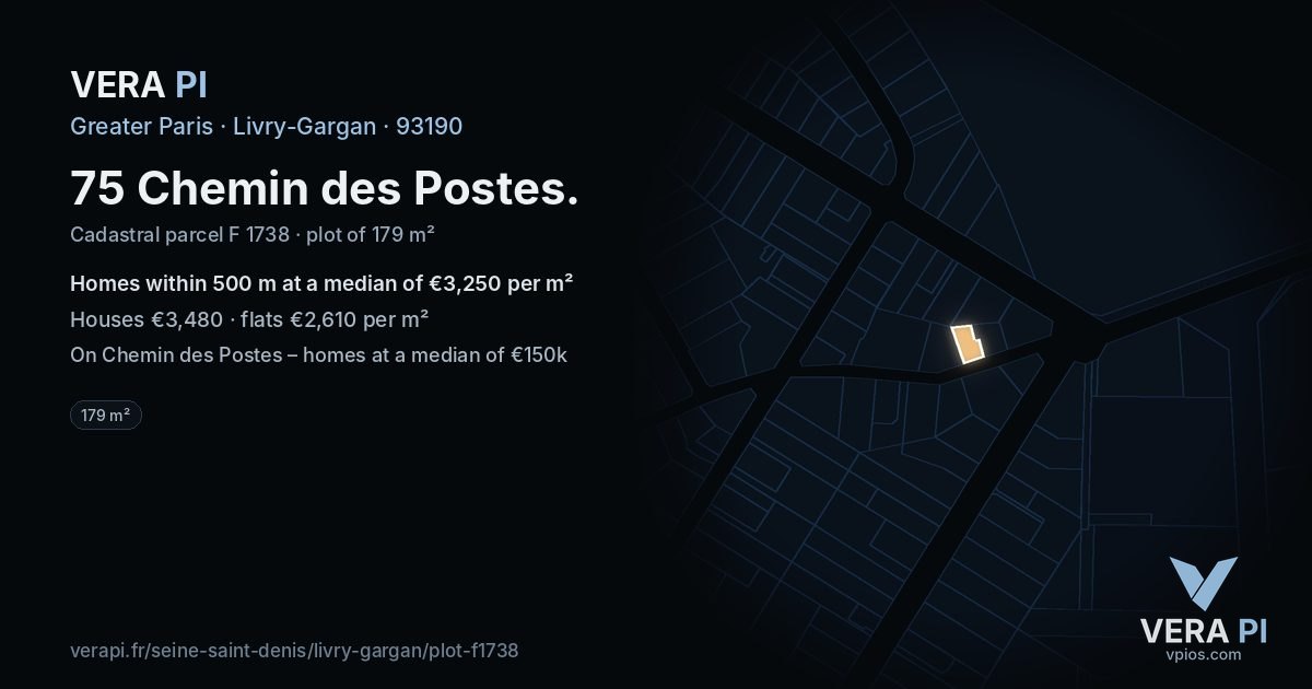 75 Chemin des Postes, Livry-Gargan at night – the plot lit, the parcels around coloured by the prices near them