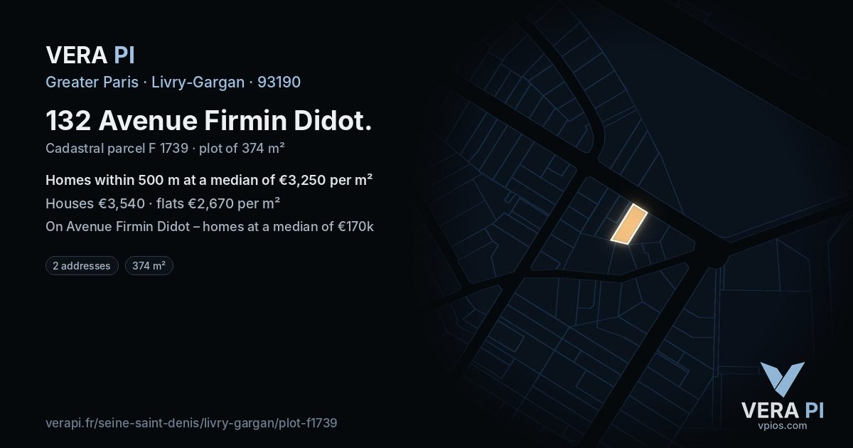 132 Avenue Firmin Didot, Livry-Gargan at night – the plot lit, the parcels around coloured by the prices near them