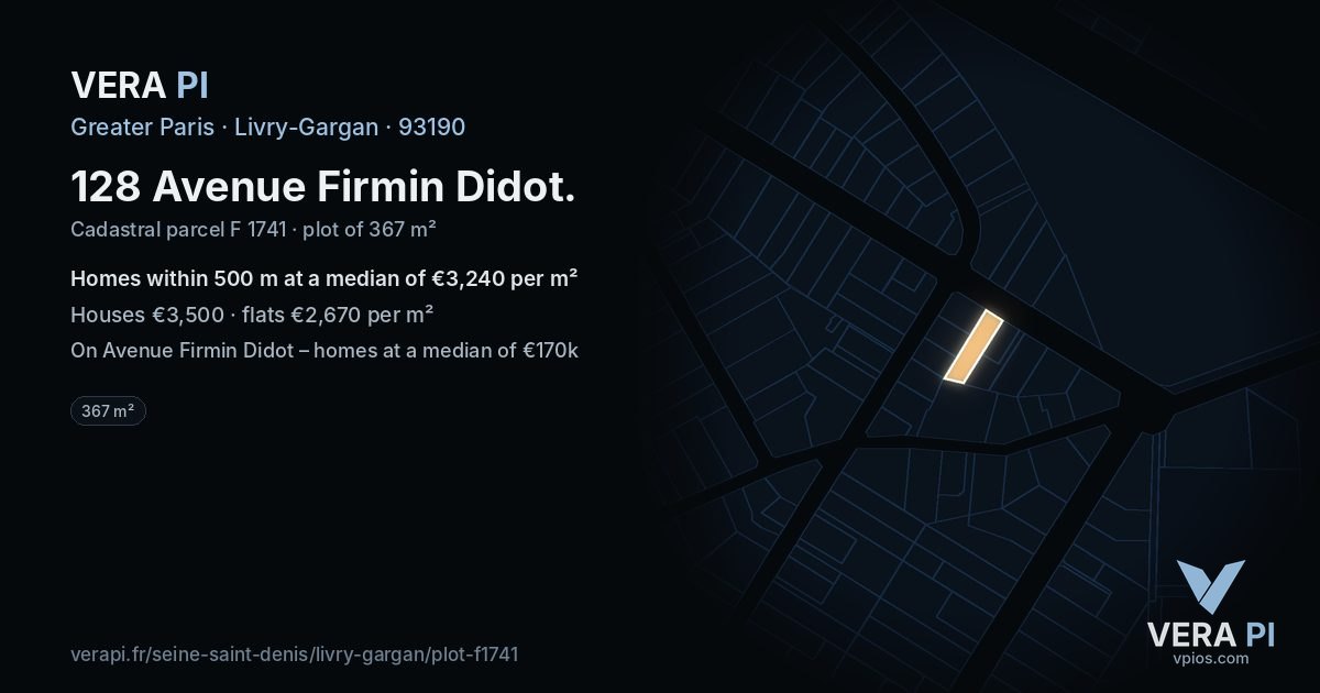 128 Avenue Firmin Didot, Livry-Gargan at night – the plot lit, the parcels around coloured by the prices near them