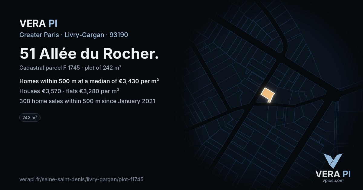 51 Allée du Rocher, Livry-Gargan at night – the plot lit, the parcels around coloured by the prices near them