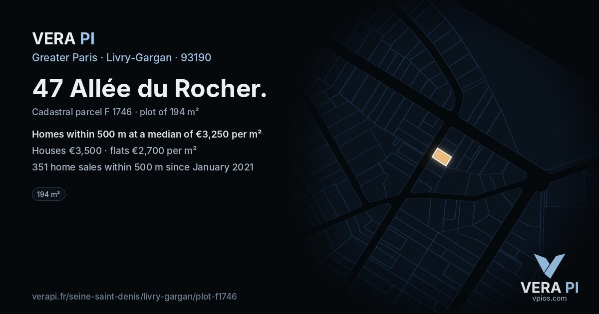47 Allée du Rocher, Livry-Gargan at night – the plot lit, the parcels around coloured by the prices near them