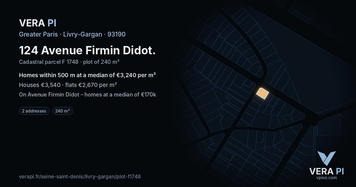 124 Avenue Firmin Didot, Livry-Gargan at night – the plot lit, the parcels around coloured by the prices near them