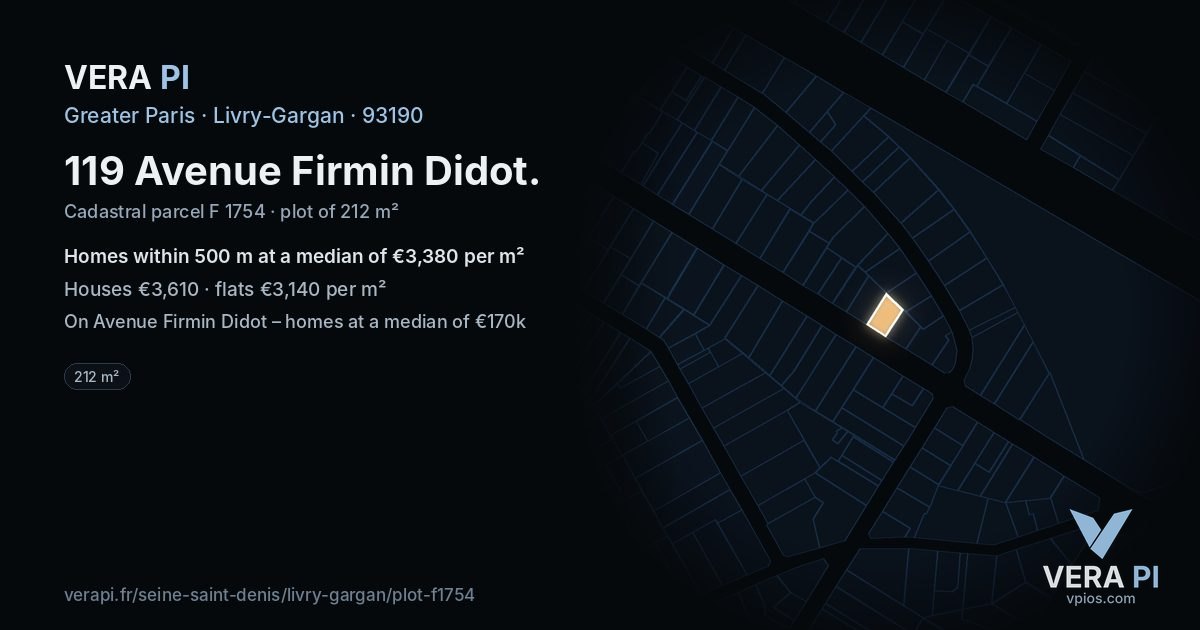 119 Avenue Firmin Didot, Livry-Gargan at night – the plot lit, the parcels around coloured by the prices near them