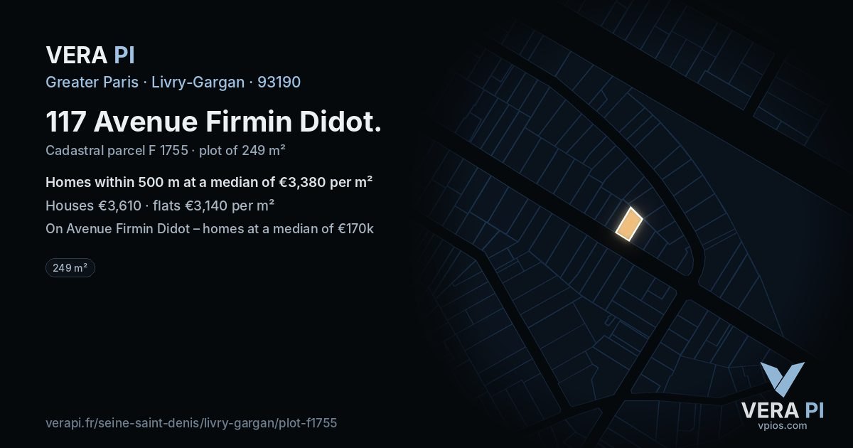 117 Avenue Firmin Didot, Livry-Gargan at night – the plot lit, the parcels around coloured by the prices near them