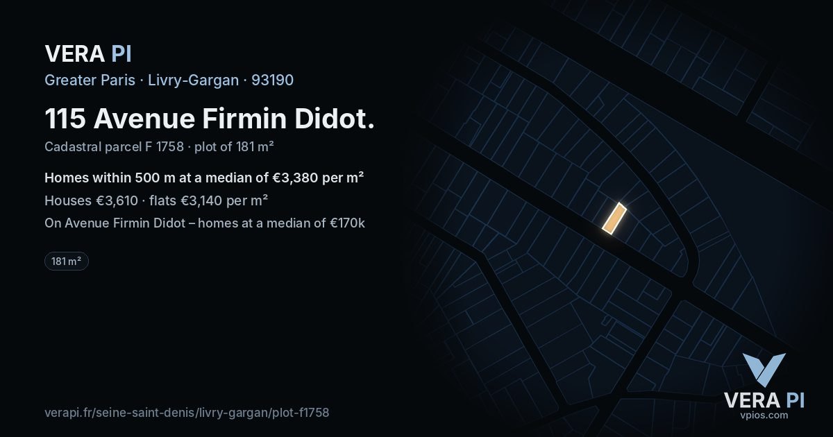 115 Avenue Firmin Didot, Livry-Gargan at night – the plot lit, the parcels around coloured by the prices near them