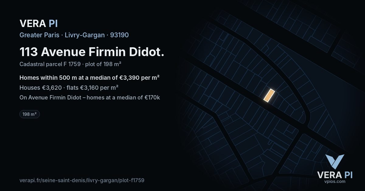 113 Avenue Firmin Didot, Livry-Gargan at night – the plot lit, the parcels around coloured by the prices near them