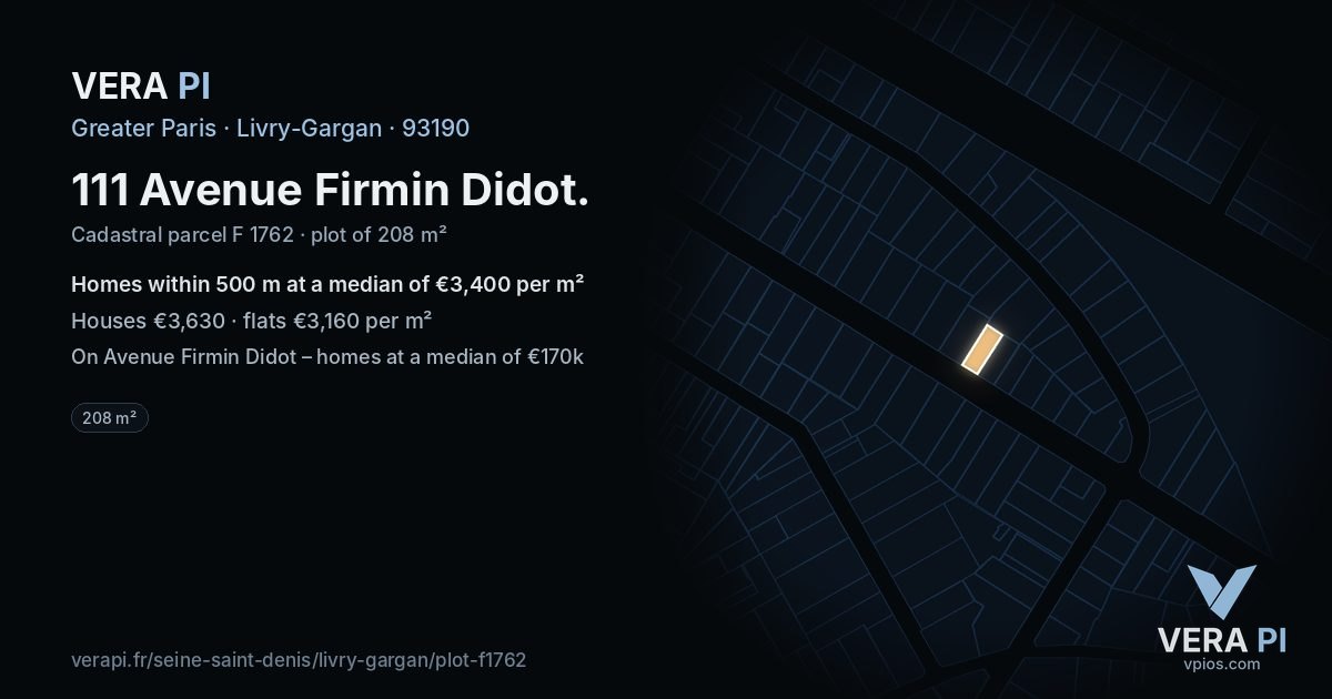 111 Avenue Firmin Didot, Livry-Gargan at night – the plot lit, the parcels around coloured by the prices near them