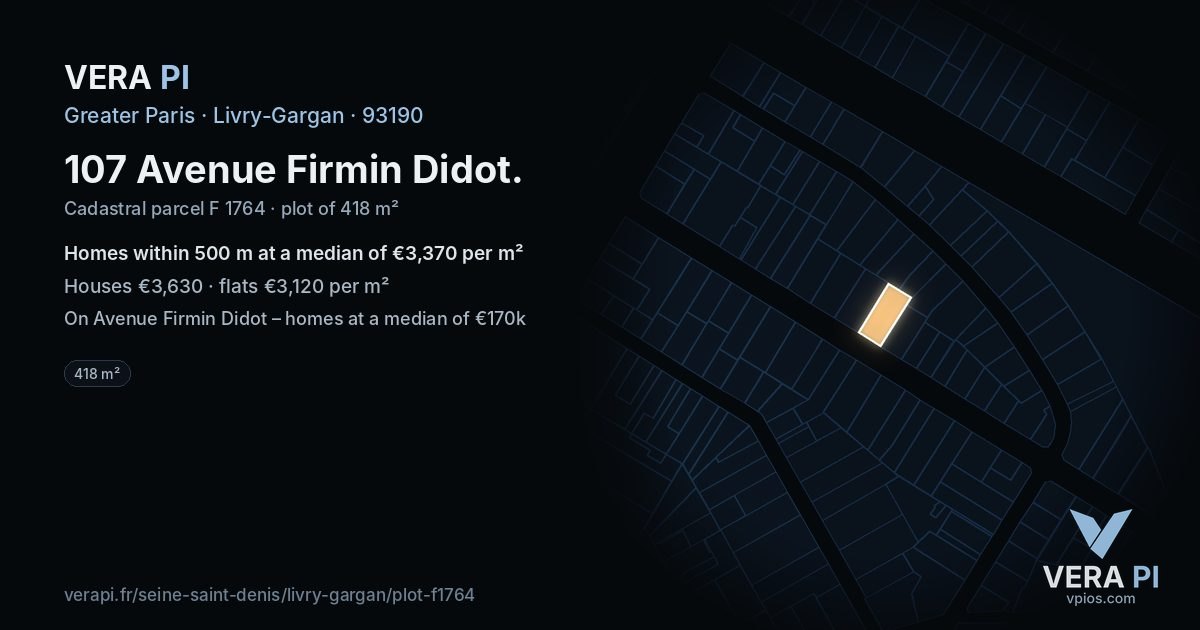 107 Avenue Firmin Didot, Livry-Gargan at night – the plot lit, the parcels around coloured by the prices near them