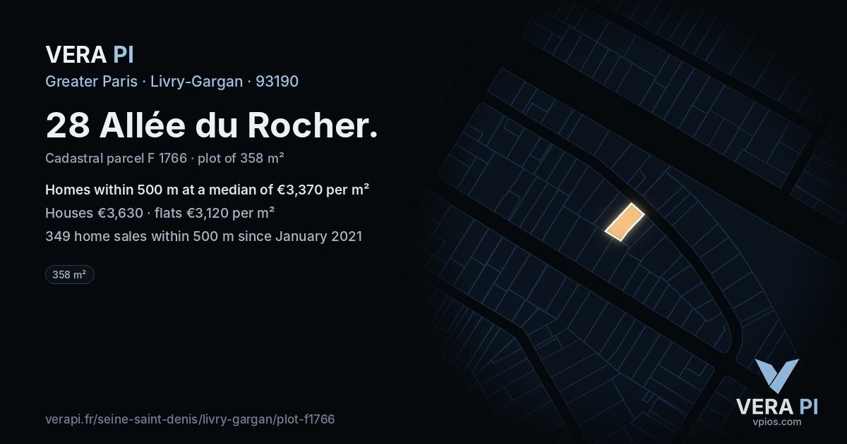 28 Allée du Rocher, Livry-Gargan at night – the plot lit, the parcels around coloured by the prices near them