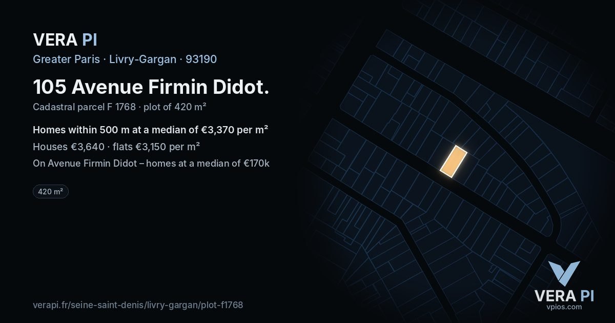 105 Avenue Firmin Didot, Livry-Gargan at night – the plot lit, the parcels around coloured by the prices near them