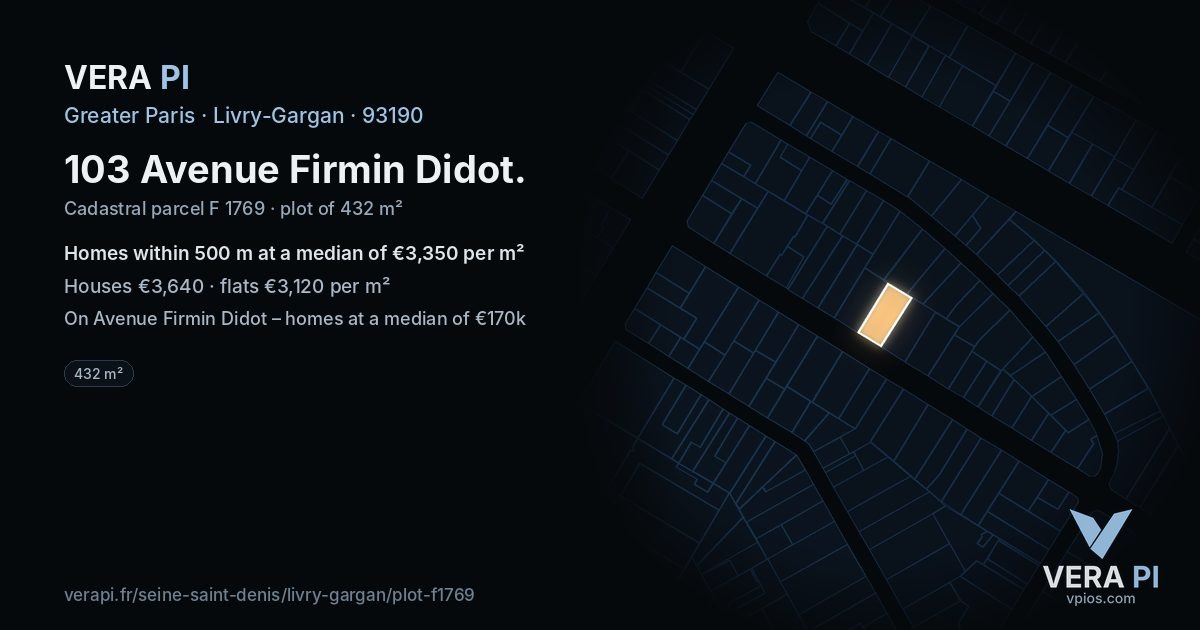 103 Avenue Firmin Didot, Livry-Gargan at night – the plot lit, the parcels around coloured by the prices near them