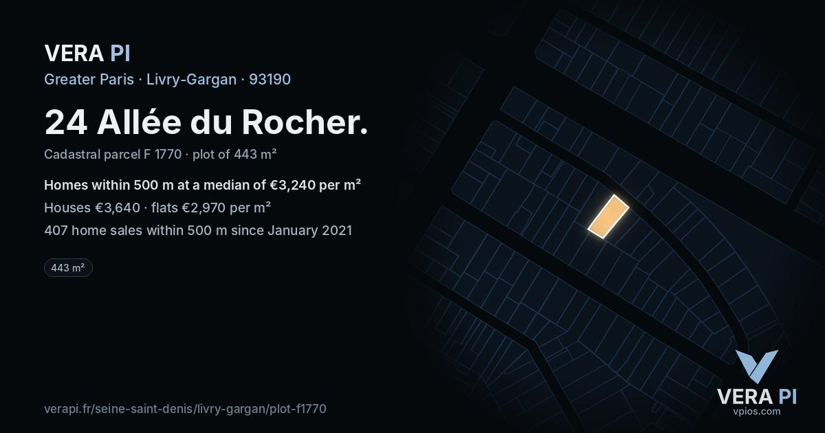 24 Allée du Rocher, Livry-Gargan at night – the plot lit, the parcels around coloured by the prices near them