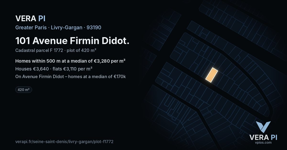 101 Avenue Firmin Didot, Livry-Gargan at night – the plot lit, the parcels around coloured by the prices near them