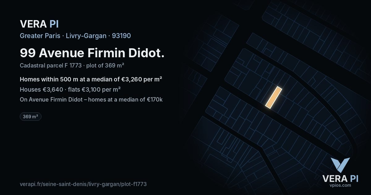 99 Avenue Firmin Didot, Livry-Gargan at night – the plot lit, the parcels around coloured by the prices near them