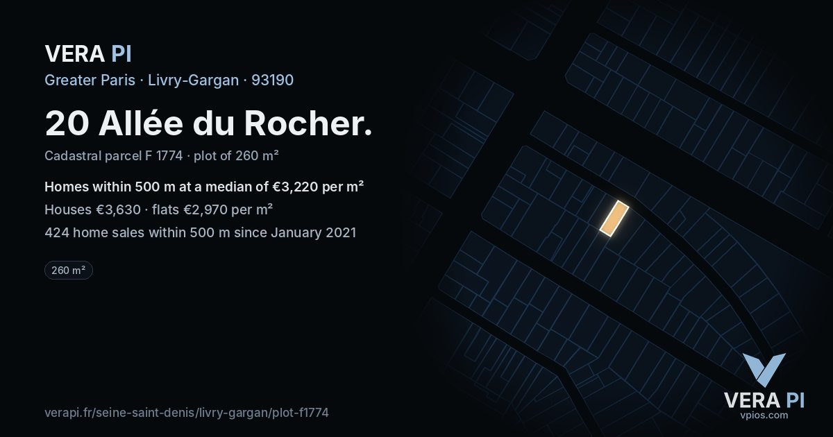 20 Allée du Rocher, Livry-Gargan at night – the plot lit, the parcels around coloured by the prices near them