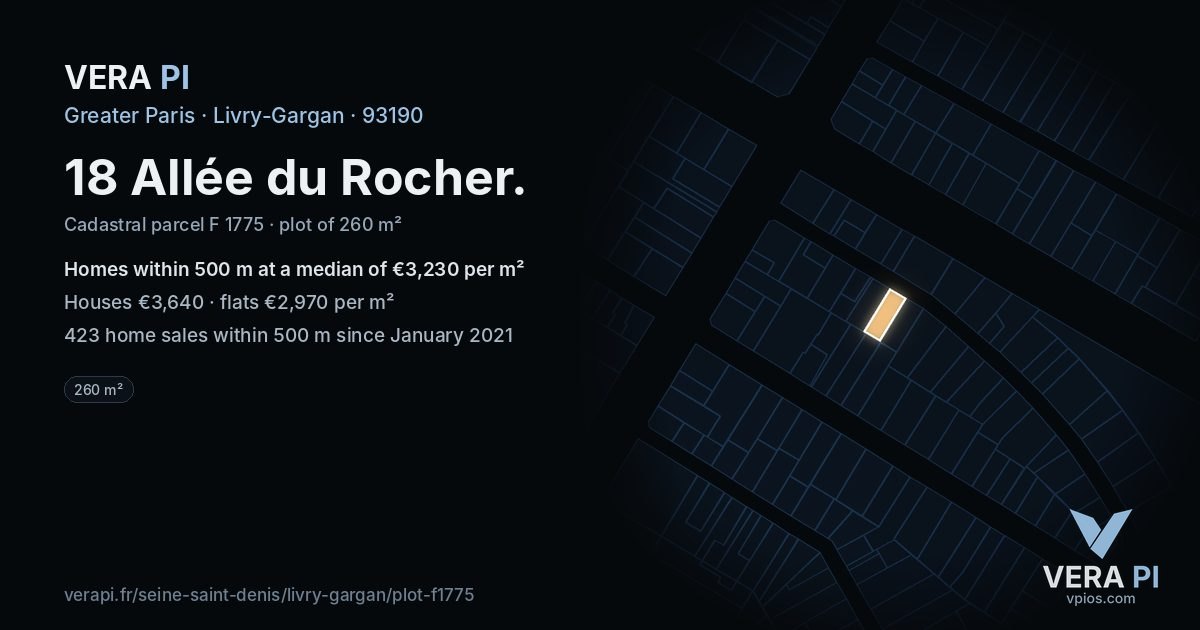 18 Allée du Rocher, Livry-Gargan at night – the plot lit, the parcels around coloured by the prices near them