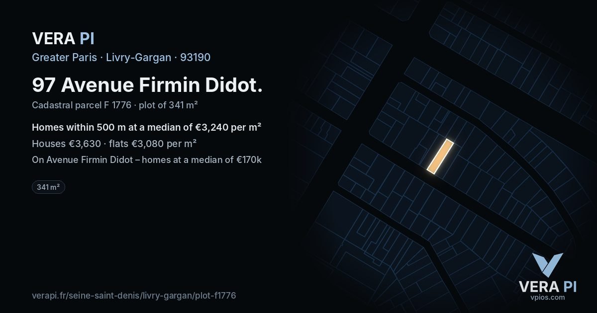 97 Avenue Firmin Didot, Livry-Gargan at night – the plot lit, the parcels around coloured by the prices near them