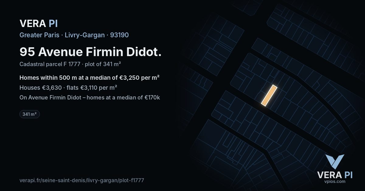95 Avenue Firmin Didot, Livry-Gargan at night – the plot lit, the parcels around coloured by the prices near them