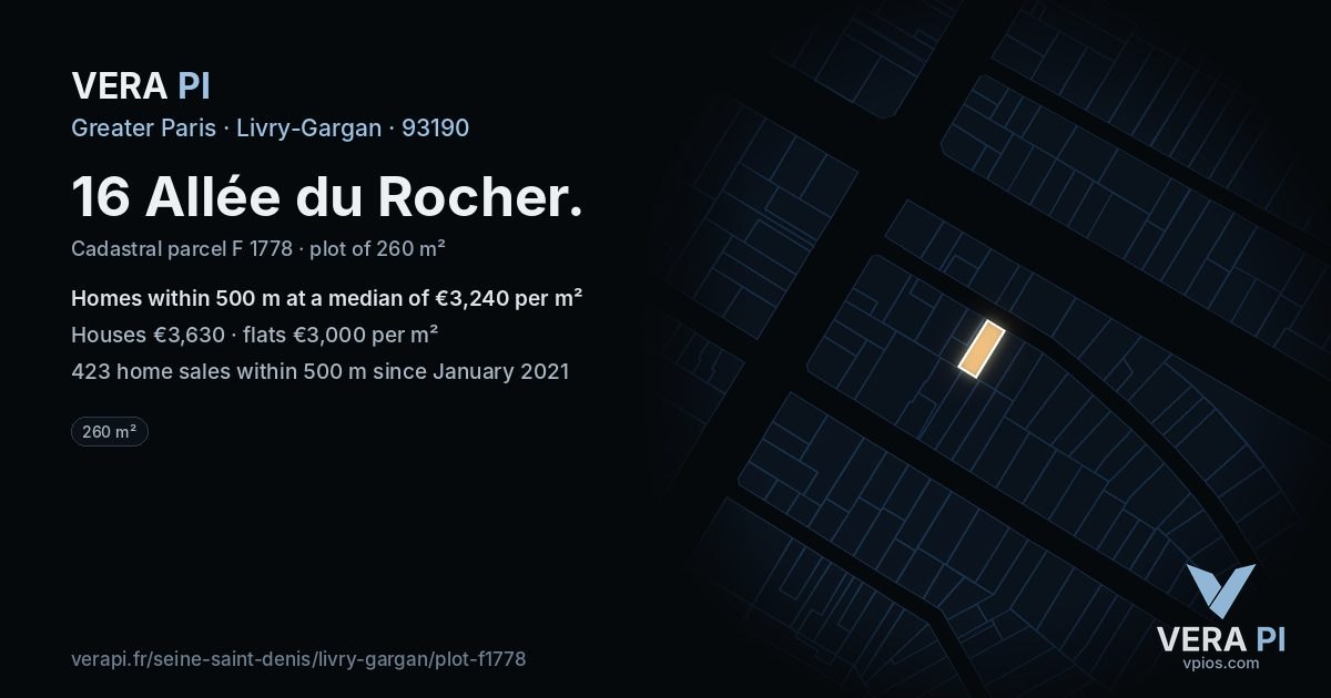 16 Allée du Rocher, Livry-Gargan at night – the plot lit, the parcels around coloured by the prices near them