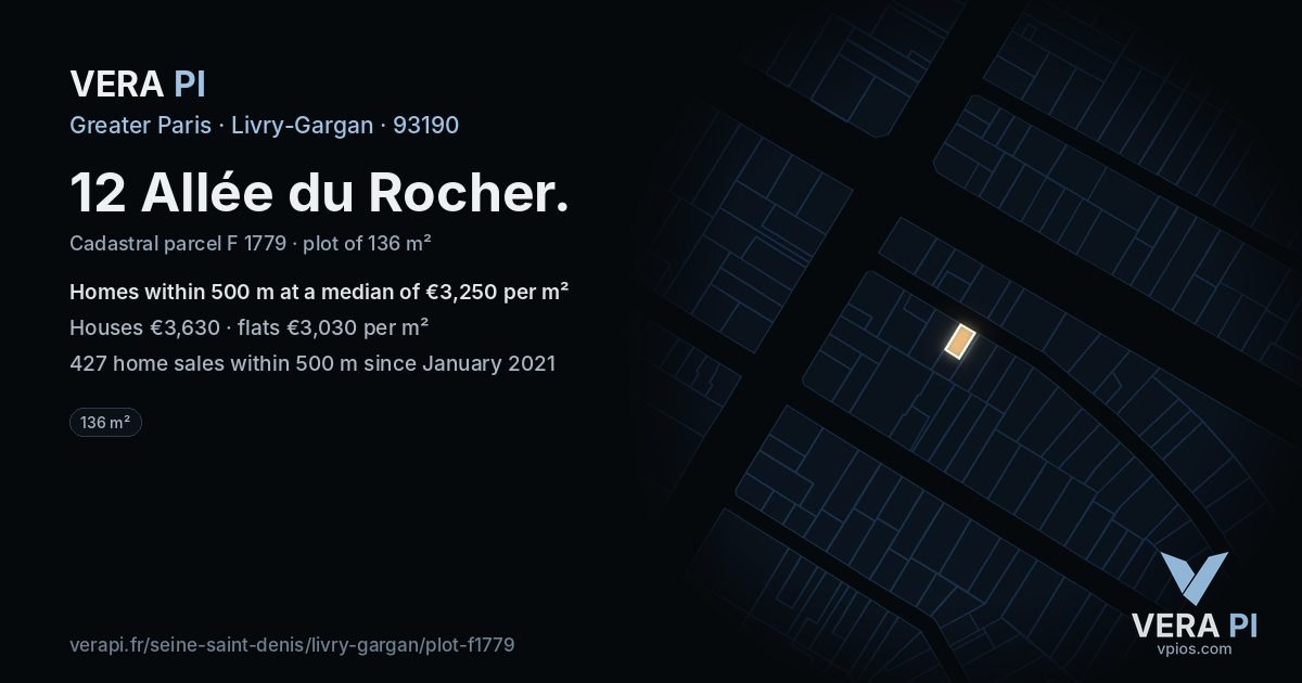 12 Allée du Rocher, Livry-Gargan at night – the plot lit, the parcels around coloured by the prices near them