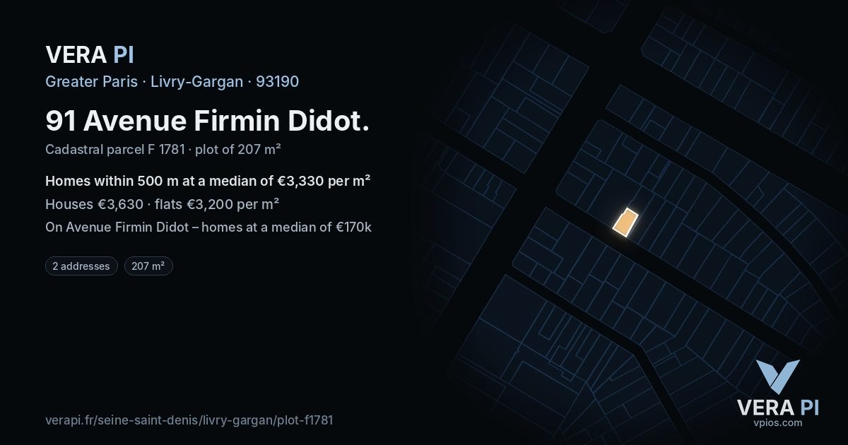 91 Avenue Firmin Didot, Livry-Gargan at night – the plot lit, the parcels around coloured by the prices near them