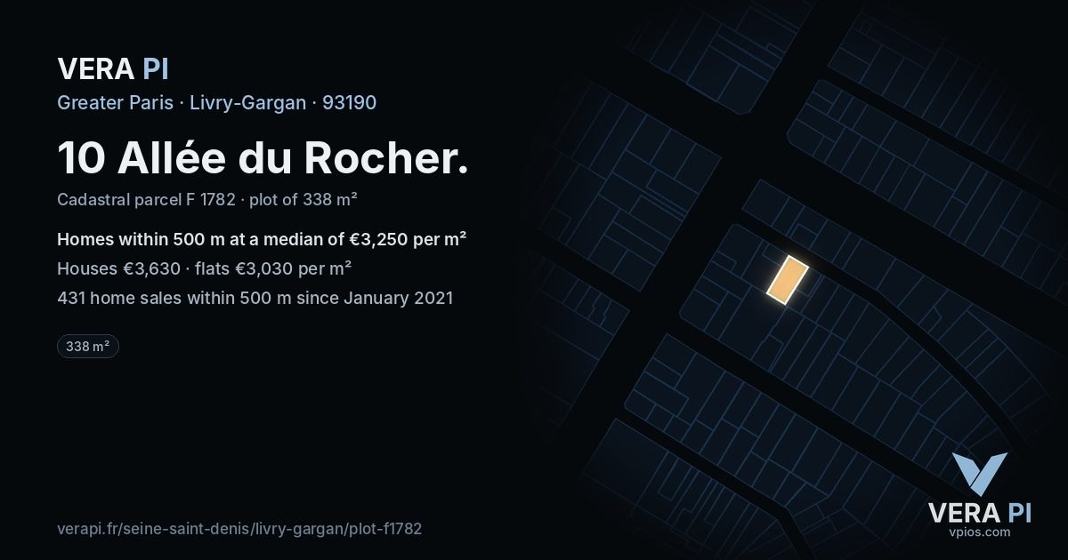 10 Allée du Rocher, Livry-Gargan at night – the plot lit, the parcels around coloured by the prices near them