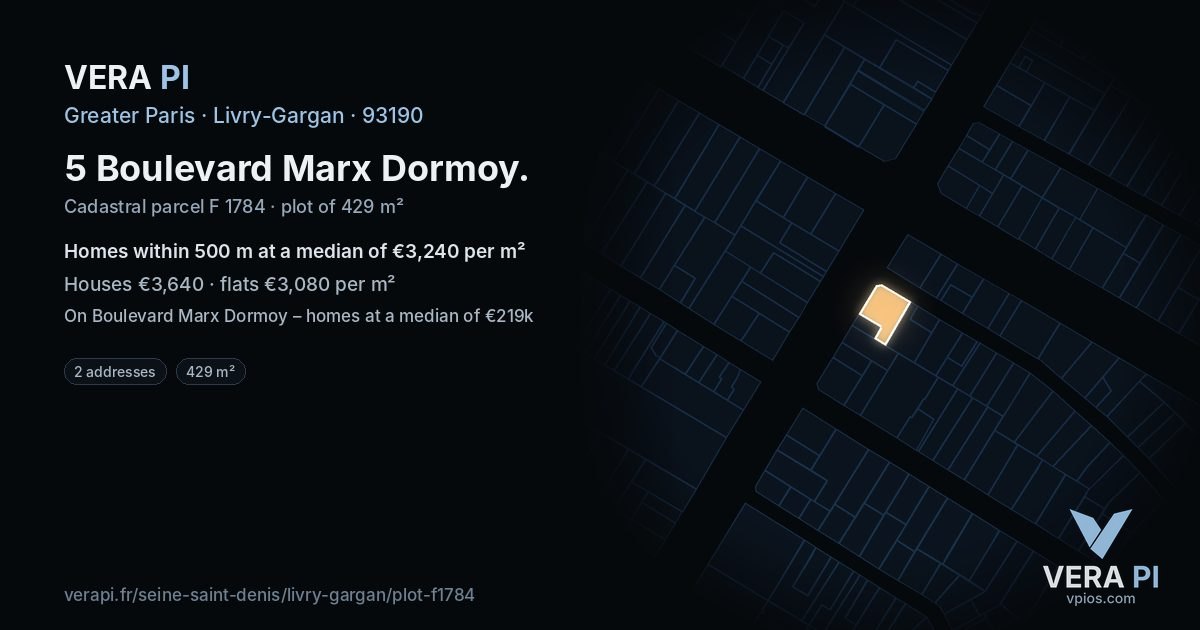 5 Boulevard Marx Dormoy, Livry-Gargan at night – the plot lit, the parcels around coloured by the prices near them