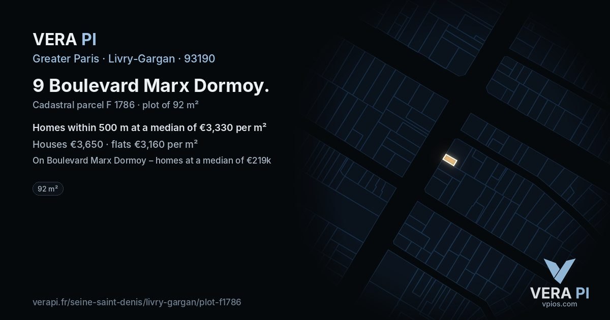 9 Boulevard Marx Dormoy, Livry-Gargan at night – the plot lit, the parcels around coloured by the prices near them