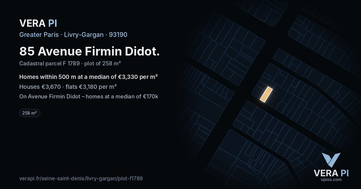 85 Avenue Firmin Didot, Livry-Gargan at night – the plot lit, the parcels around coloured by the prices near them