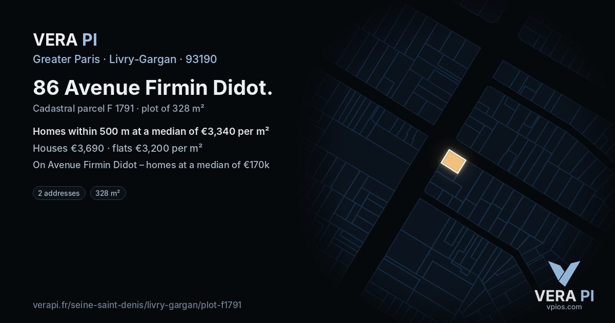 86 Avenue Firmin Didot, Livry-Gargan at night – the plot lit, the parcels around coloured by the prices near them